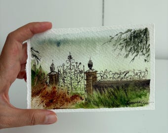 Original Watercolour Painting, Misty Countryside Iron Gate Scene (14x9cm)