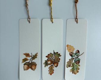 Hand Painted Watercolor Oak Leaf Bookmark with Tassel, Autumn Fall Art Accessory