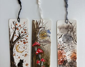 Hand-Painted Watercolour Autumn Bookmarks, Whimsical Forest Art, Black Cat and Mushrooms