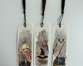 Hand-Painted Watercolor Halloween Bookmarks, Gothic Witch Hat, Broom, Gravestone (Set of 3)