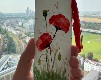 Hand-Painted Red Poppy Watercolour Bookmarks – Botanical Art with Tassels (Set of 2)