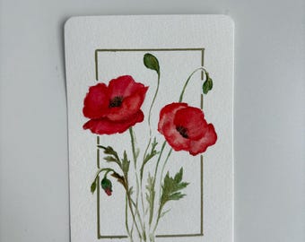 Hand-Painted Watercolour Red Poppy Card, Gold Frame Detail, Remembrance Day Gift (Blank Inside)