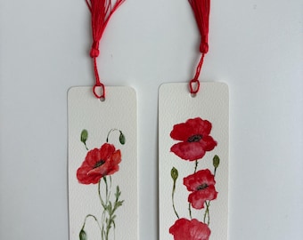 Hand-Painted Watercolor red Poppy Bookmark, Cotton Paper, Red Tassel (Set of 2)