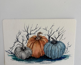 Hand-Painted Watercolour Pumpkin Card, Original Autumn Artwork, Halloween Greeting Card, Blank Inside