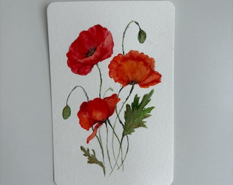 Hand-Painted Watercolour Red Poppy Card, Remembrance Day Greeting (Blank Inside)