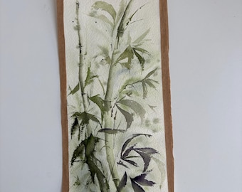 Hand-Painted Bamboo Watercolour Painting, Original Botanical Wall Art, 14 × 29 cm