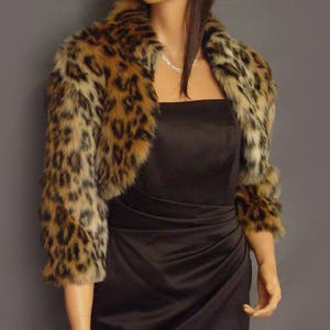 Faux fur bolero jacket 3/4 sleeve with a collar in Leopard winter shrug wrap evening cover up bridal shrug topper FBA405 small-plus size