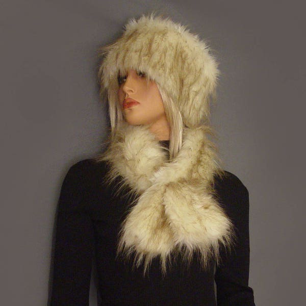 faux fur head ring hat, faux fur pull thru scarf collar in desert fox retro vintage style scarf and ear muffs head ring warmer neck scarf