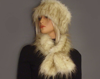 faux fur head ring hat, faux fur pull thru scarf collar in desert fox retro vintage style scarf and ear muffs head ring warmer neck scarf