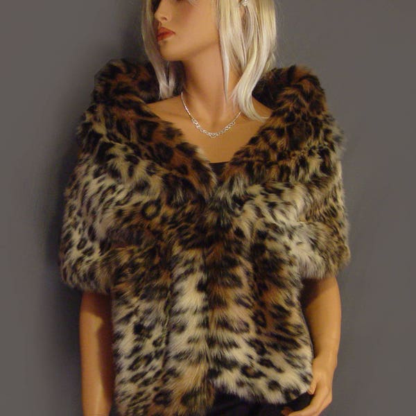 Faux fur shrug wedding or evening wrap in Leopard bridal prom ball or casual stole vintage cover up evening fur coat jacket SPA114