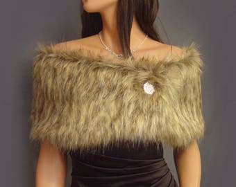 Faux fur shrug stole shawl in Brown Wolf bridal wedding wrap bridesmaid cover up evening fur wrap, bridesmaid shrug, capelet wrap FW402