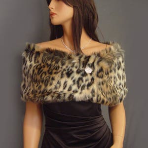 Faux fur shrug stole shawl in Leopard bridal wedding wrap bridesmaid cover up evening fur wrap, bridesmaid shrug, animal print capelet FW401