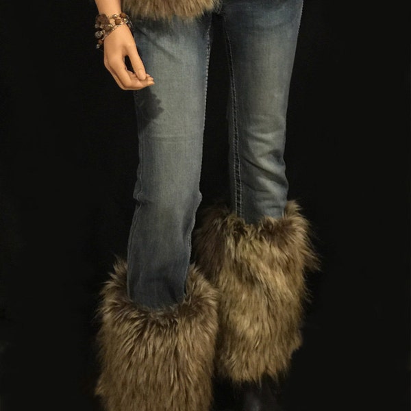 Faux Fur Leg Warmers Boot Covers In Brown Wolf Style: FG103