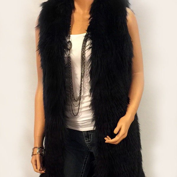 Gilet long en fausse fourrure en style angora noir: FVA511