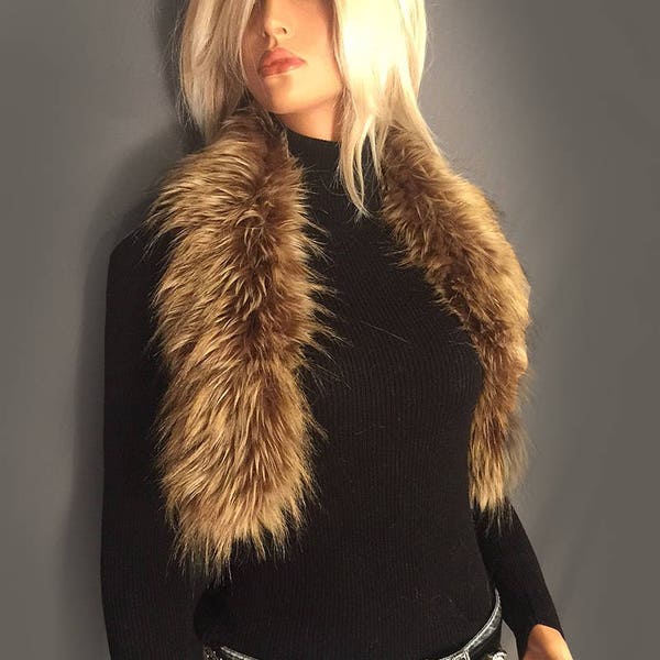 faux fur pull thru scarf collar in Brown Wolf retro vintage style scarf neck scarf, fur neck ring fur shrug fur wrap, fur coat collar, shrug