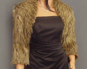 Faux fur bolero jacket 3/4 sleeve coat in Brown Wolf shrug wrap evening cover up wedding prom bridal shrug topper FBA402 small- plus size