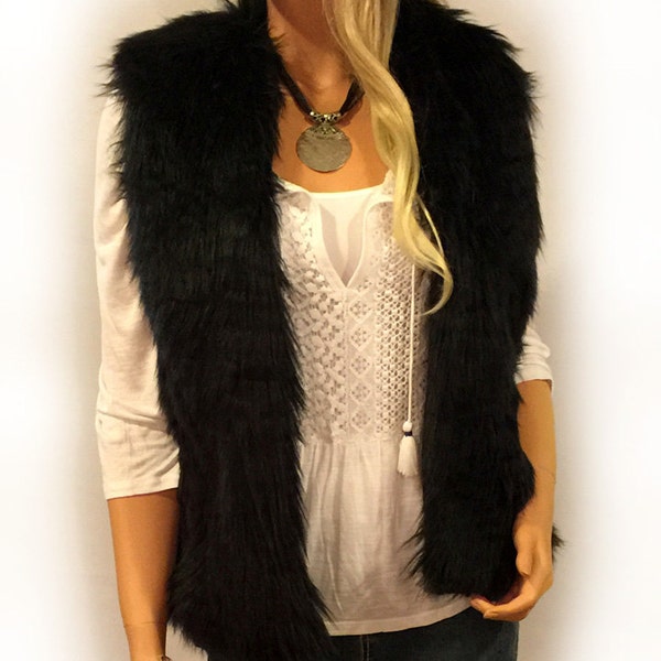 Fausse fourrure gilet longueur de la hanche dans le Style Angora noir : FVA502