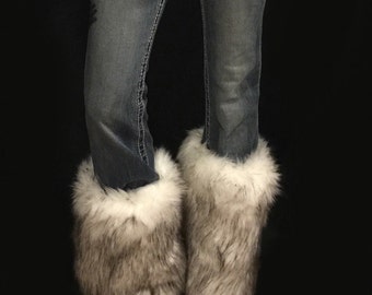 Faux Fur Leg Warmers Boot Covers In Alaskan Husky Style: FG104