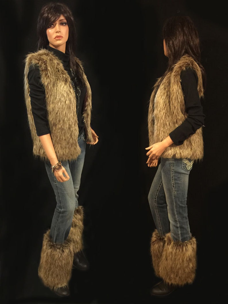 Faux Fur Vest Hip Length In Brown Wolf Style: FVA503 image 3