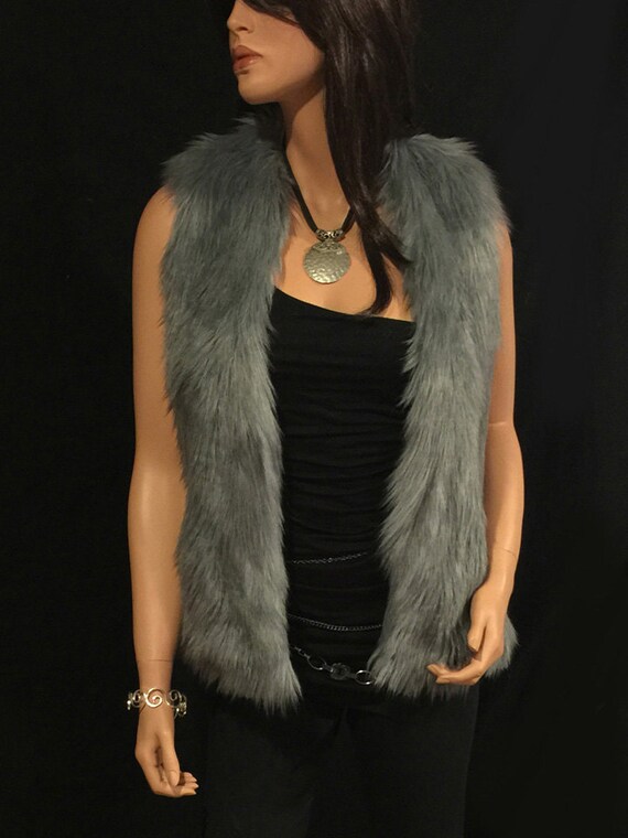 Faux Fur Vest Hip Length in Silver Gray 