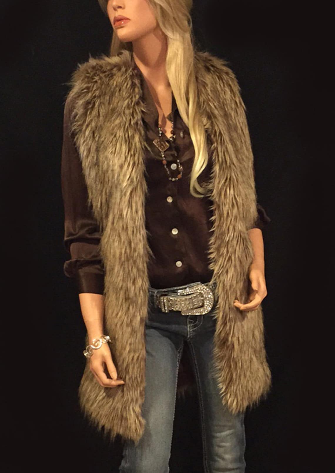 Long Faux Fur Vest in Brown Wolf Style FVA514 Etsy