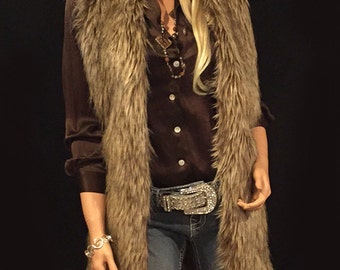 Long Faux Fur Vest In Brown Wolf Style: FVA514