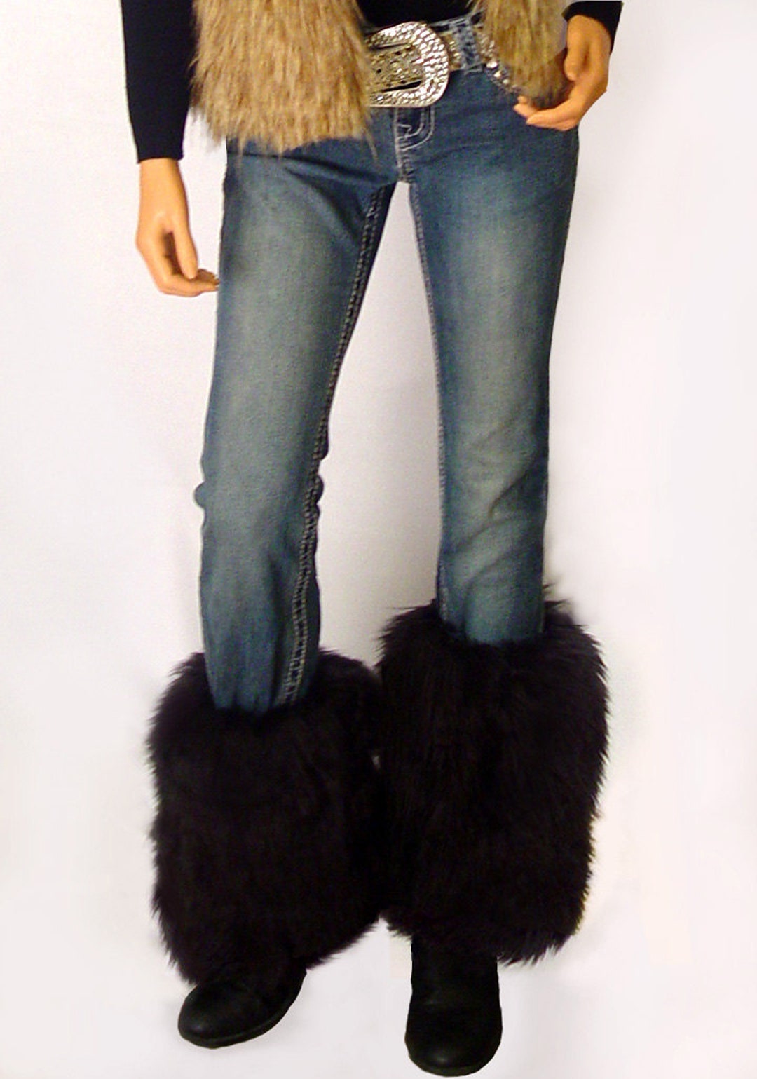 Faux Fur Leg Warmers Boot Covers in Black Angora Style FG100