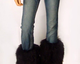 Faux Fur Leg Warmers Boot Covers In Black Angora Style: FG100