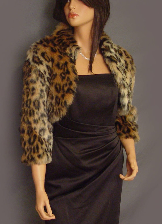 Faux Fur Bolero Jacket 3/4 Sleeve With a Collar in Leopard Winter Shrug  Wrap Evening Cover up Bridal Shrug Topper FBA405 Small-plus Size - Etsy