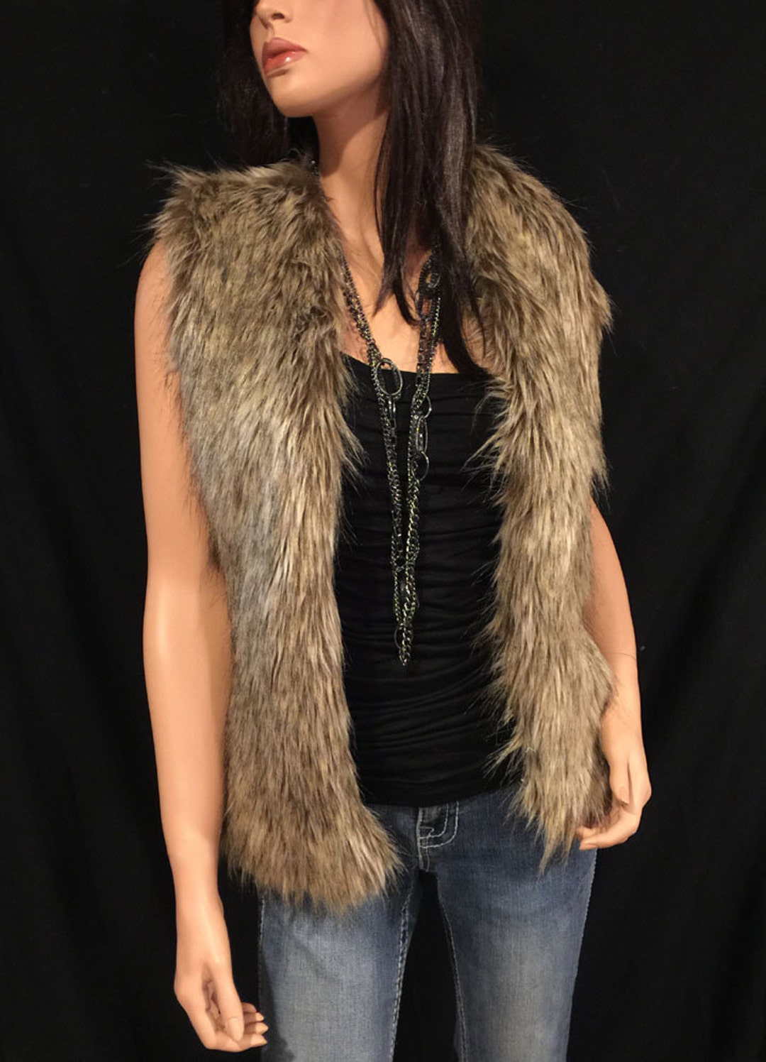 Faux Fur Vest Hip Length in Brown Wolf Style: FVA503 -  Canada