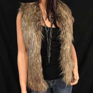 Faux Fur Vest Hip Length In Brown Wolf Style: FVA503 image 1