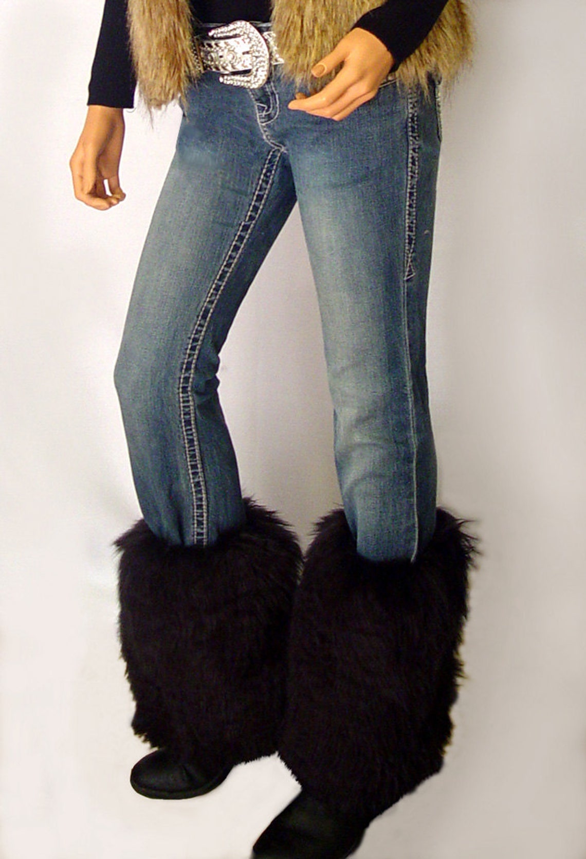 Faux Fur Leg Warmers Boot Covers in Black Angora Style FG100 Etsy