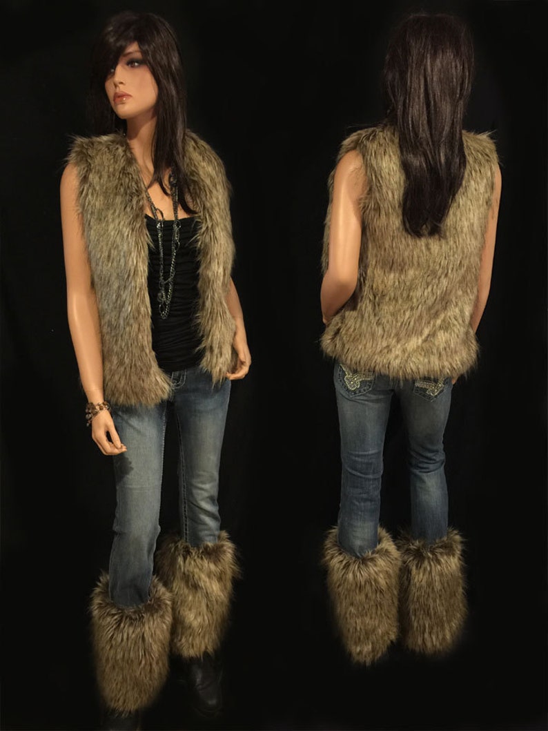 Faux Fur Vest Hip Length In Brown Wolf Style: FVA503 image 4