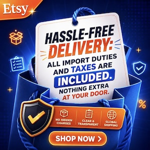 May include: A blue shopping bag with a white tag featuring the text HASSLE-FREE DELIVERY: ALL IMPORT DUTIES AND TAXES ARE INCLUDED. NOTHING EXTRA AT YOUR DOOR. Below, a shield icon and a bar with icons for no hidden charges, clear and transparent, global shipping, and a SHOP NOW button.