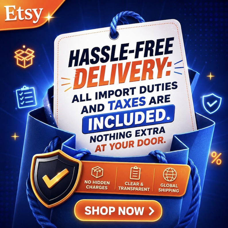 May include: A blue shopping bag with a white tag featuring the text HASSLE-FREE DELIVERY: ALL IMPORT DUTIES AND TAXES ARE INCLUDED. NOTHING EXTRA AT YOUR DOOR. Below, a shield icon and a bar with icons for no hidden charges, clear and transparent, global shipping, and a SHOP NOW button.