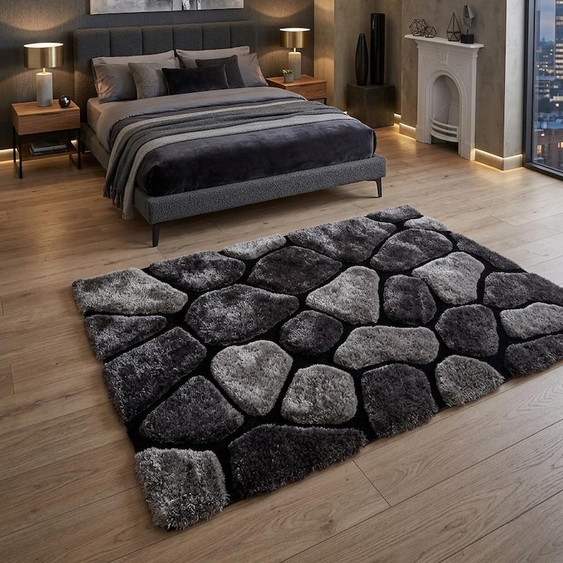 Handtufted Stone Pattern Rug | Modern Grey Black Area Rug | Luxury Plush Shag Carpet | Contemporary Living Room | Handmade Home Decor rugs image 5