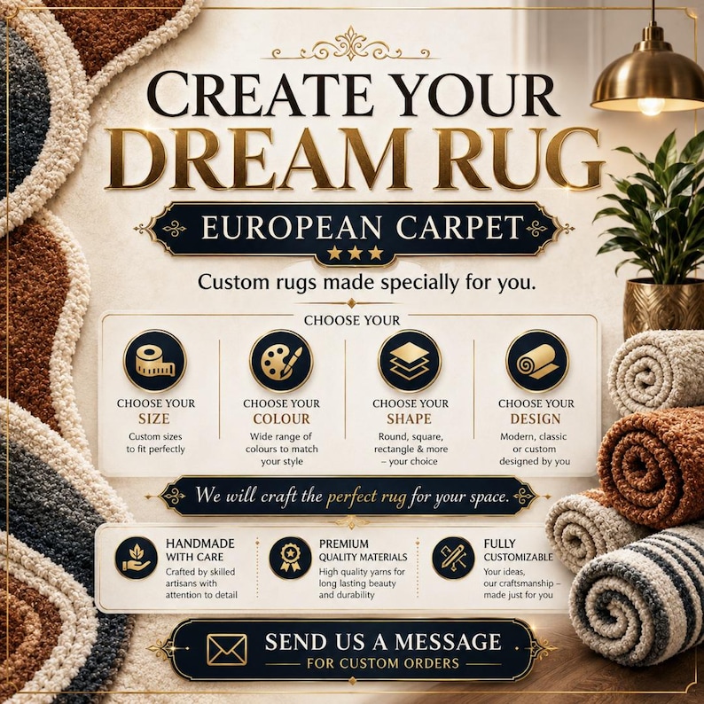 May include: A promotional graphic for custom rugs featuring the text CREATE YOUR DREAM RUG EUROPEAN CARPET. The image displays icons for size, colour, shape, and design selection, alongside rolled fabric samples in brown, beige, and grey tones.