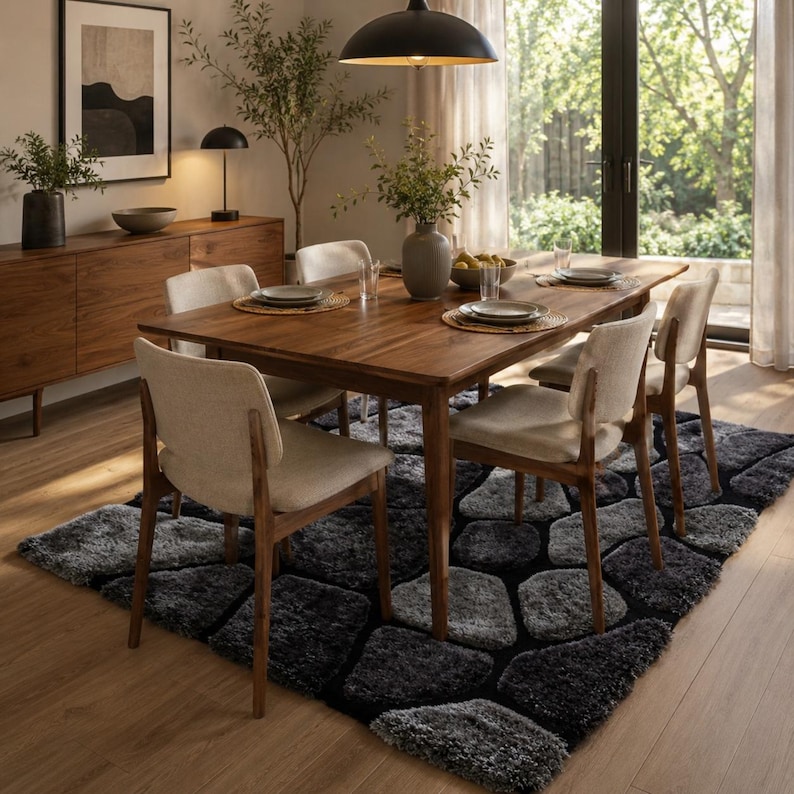 May include: A rectangular wooden dining table with four upholstered chairs featuring light beige fabric seats and wooden frames. The table is set with woven placemats, plates, and glasses, resting on a dark grey and black textured area rug.