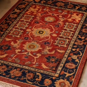 Handmade Woolen Persian Style Carpet – Red & Navy Blue Traditional Rug&quot;