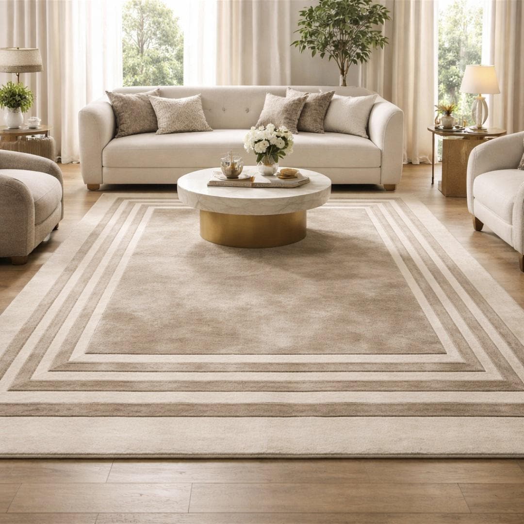 Handgetuft beige tapijt, modern randtapijt, neutraal minimalistisch ...
