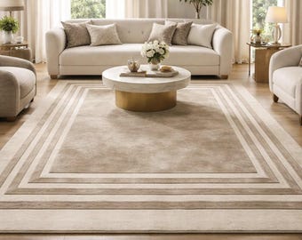 Alfombra beige tejida a mano, alfombra moderna con borde, alfombra minimalista neutra, alfombra de lujo para sala de estar y comedor, alfombra de tamaño personalizado.