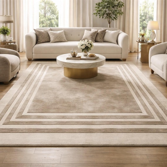 Handgetufteter Beige Teppich, Moderner Bordüren Teppich, Neutraler Minimalistischer Teppich, Luxuriöser Teppich für Wohnzimmer & Esszimmer