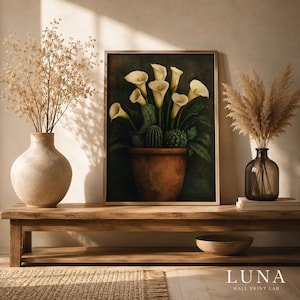 Moody Calla Lily Print Vintage Floral Oil Painting Poster Antique White Flowers Dark Botanical Art Desert Cactus Wall Decor Digital Download