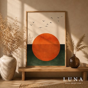 Boho Zon Print Minimalistisch Japans Muurkunst Terracotta Rode Zon Poster Mid Century Modern Abstract Geometrisch Vogels Digitaal Download