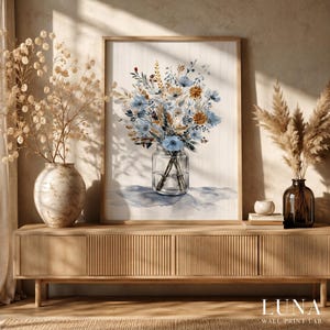 Aquarel Blauwe Veldbloemen Print Oudblauwe Bloemen Kunst Landelijke Cottage Boeket Poster Neutrale Rustieke Glazen Pot Digitale Download