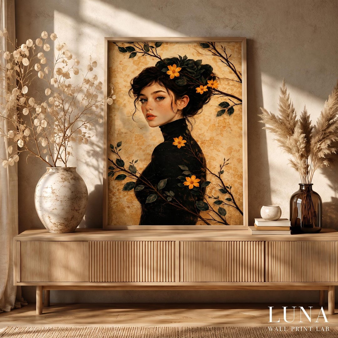Vintage Floral Woman Portrait Print, Botanical Aesthetic Wall Art ...