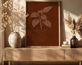 Minimalist Terracotta Plant Sketch Print Dark Ochre Botanical Poster Line Art Leaves Drawing Elegant Neutral Boho Japandi Digital Download
