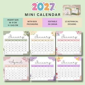 Pode incluir: Um conjunto de minicalendários 2027 com 12 designs botânicos, editáveis no Canva, incluindo embalagem em caixa. O tamanho da inserção é de 9 cm de largura por 8,43 cm de altura. A imagem mostra várias páginas de calendário com ilustrações.