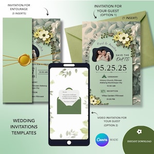 May include: A wedding invitation template set featuring sage green stationery with floral accents, a gold wax seal, and a digital video invitation displayed on a smartphone screen. The text includes "Paul & Atasha", "Save the Date", "05.25.25", and event details for a ceremony and reception.