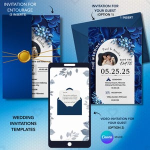 May include: A wedding invitation template set featuring deep blue floral designs, gold wax seals, and white cardstock. Includes an invitation for entourage with five inserts, a guest invitation with one insert, and a digital video invitation template.
